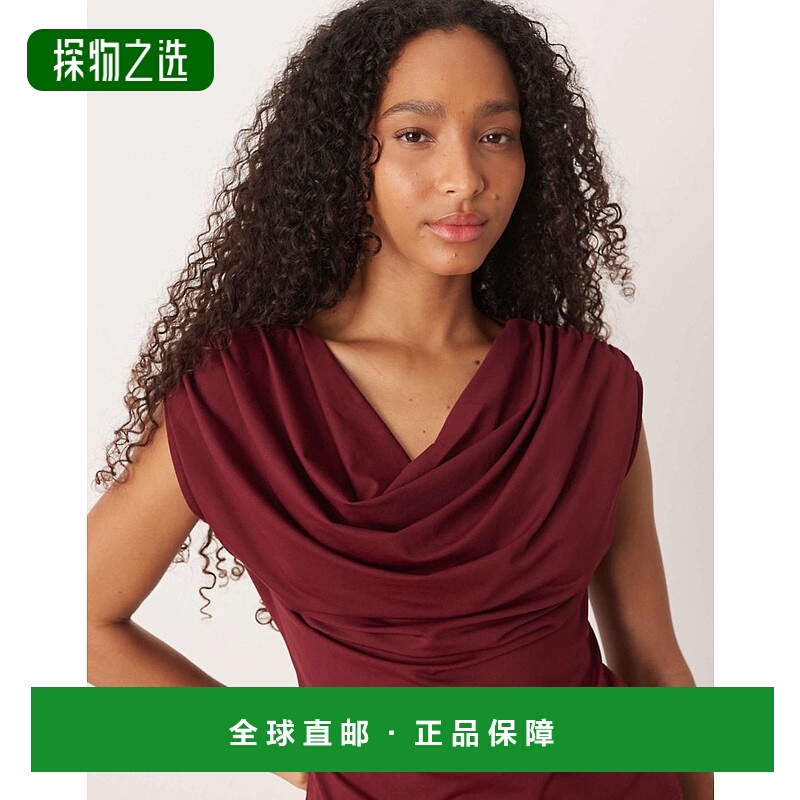 香港直邮ASOS 女士 设计大樽领短袖酒红色上衣 red红色 舒适时尚