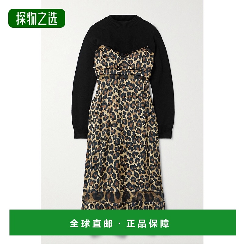 香港直邮Sacai 女士 羊毛豹纹双绉中长抹胸裙连衣裙 206353
