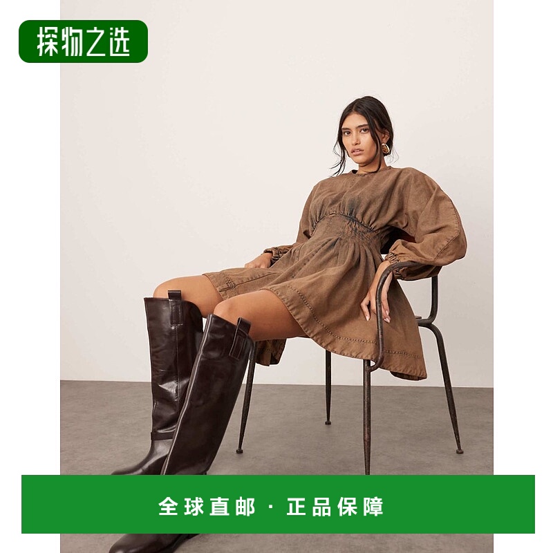 香港直邮ASOS 女士 EDITION 牛仔打褶束腰迷你灯笼袖铁锈色酸洗连