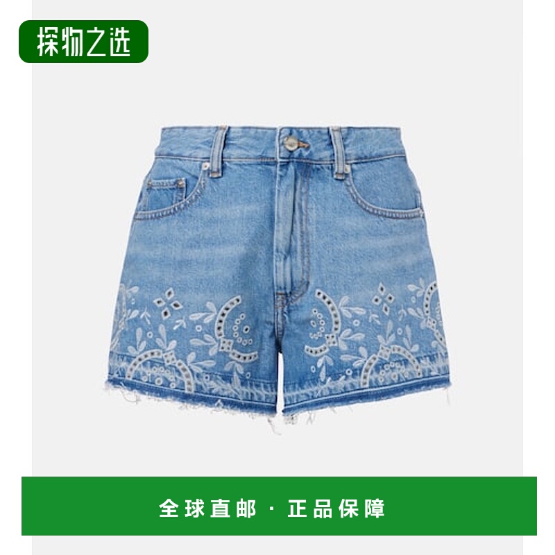 1h可退 香港直邮GANNI 甘尼 女士 英格兰刺绣牛仔短裤 blue蓝色