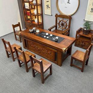 客合厅实木茶几办公原室茶台一复古 老船木茶桌椅GRI组家用套体装