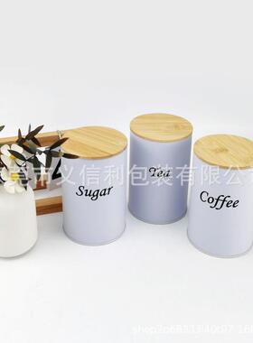 圆r竹盖e铁盒tea suga coffe三件套外YXL85296形贸厨房存储密封罐