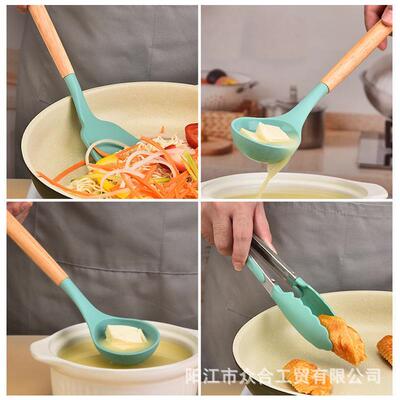 730g硅胶厨收具12件套木柄不套粘锅耐温硅胶厨具烹饪勺铲纳桶厨高