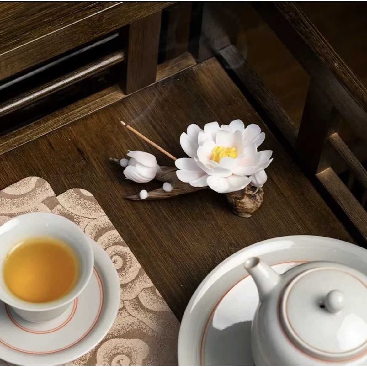 陶瓷手工花线香炉牡丹花插香座禅意茶道摆件仿古枯木香座插香香薰
