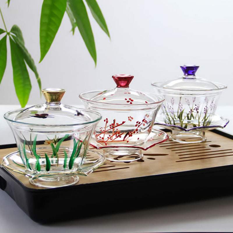 加厚玻璃功夫茶盖碗泡茶碗盖子茶具茶杯茶碗多彩玻璃盖碗