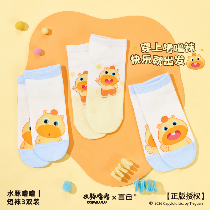 言仓水豚噜噜短袜船袜三双装可爱卡通居家少女闺蜜百搭生日礼物
