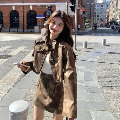 美拉德皮衣外套短裙套装