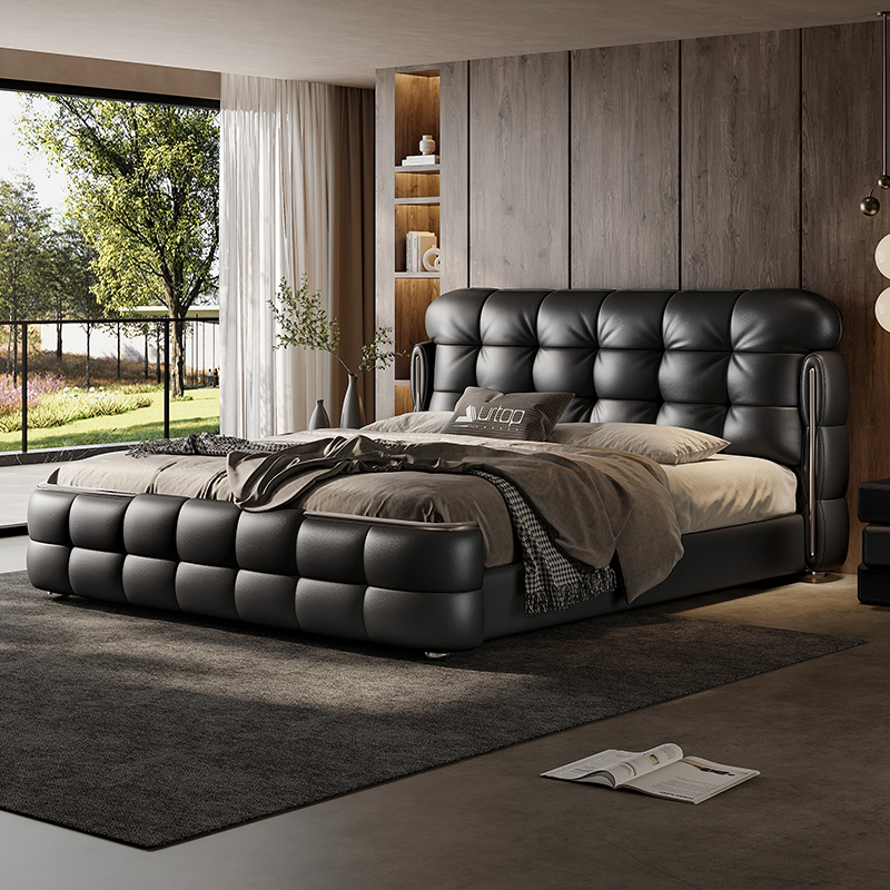 新款真皮床高端大气意式轻奢真皮床豪华高端主卧大床1米8双人床