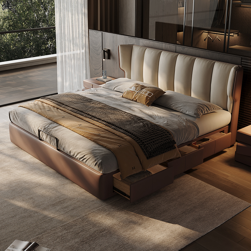 意式极简真皮软包落地储物床