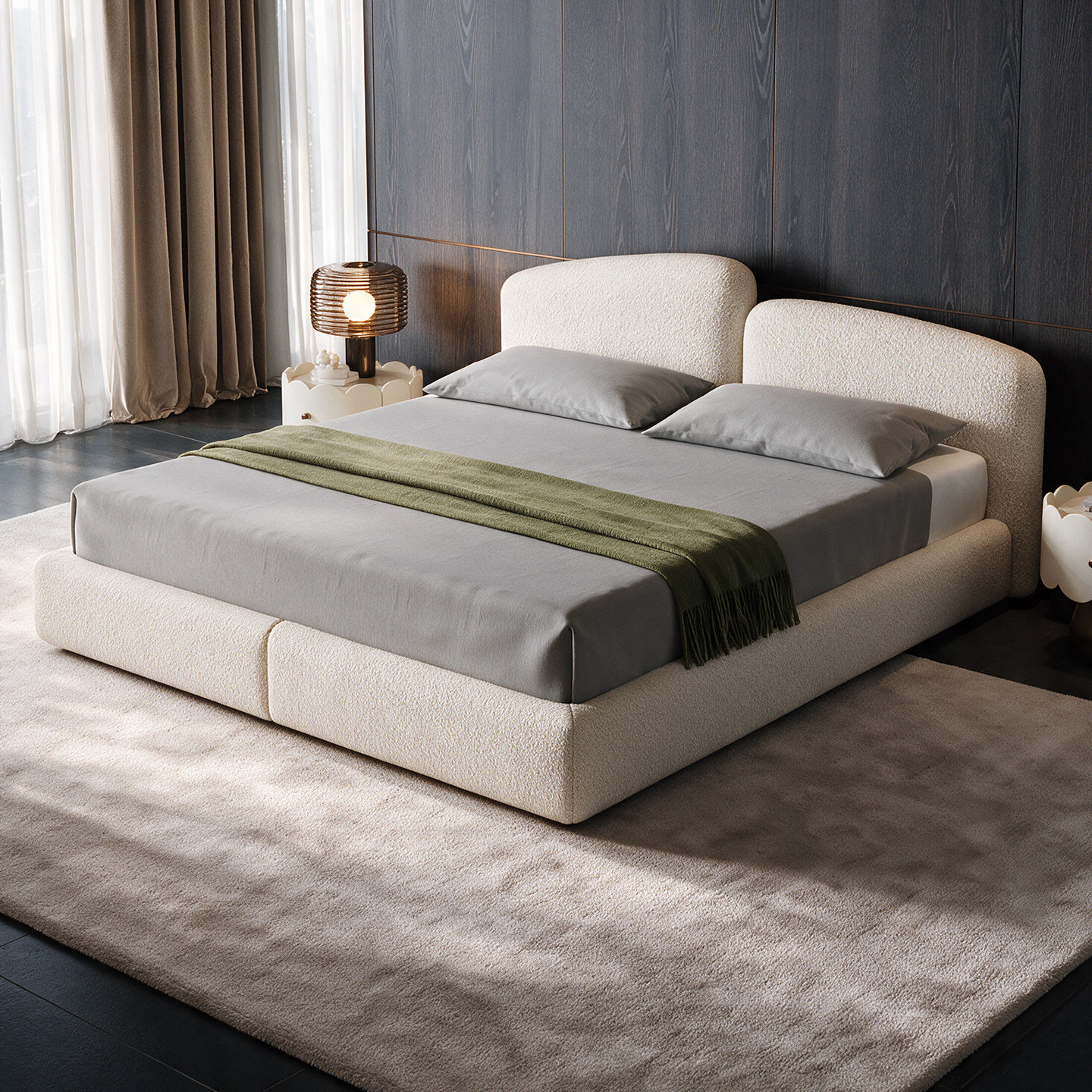 意式极简奶油风榻榻米布艺床设计师岩石床高端大气实木落地婚床