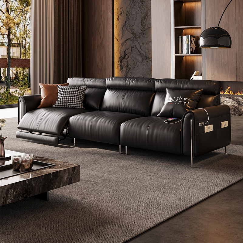 意式极简客厅沙发轻奢沙发黑色真皮沙发电动功能三人位高脚沙发
