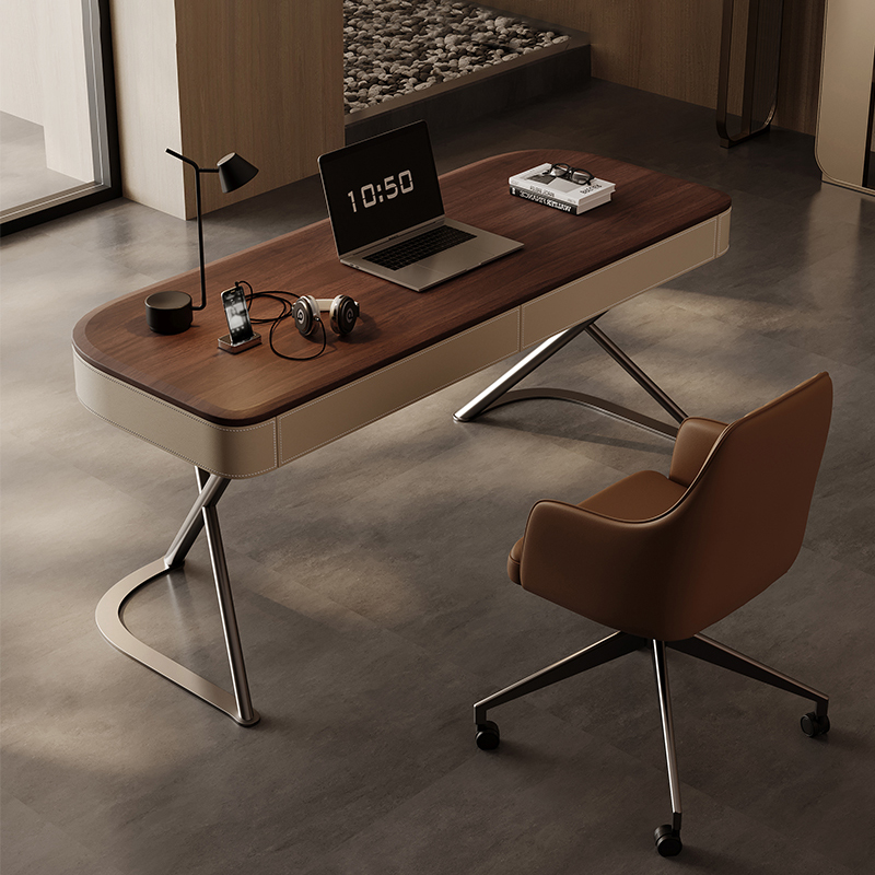 意式极简高端马鞍皮实木书桌轻奢现代简约家用卧室不锈钢办公桌