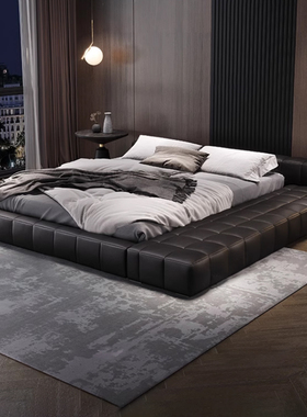 轻奢真皮床意式极简床现代黑色床主卧室豆腐块真皮床1米8双人床