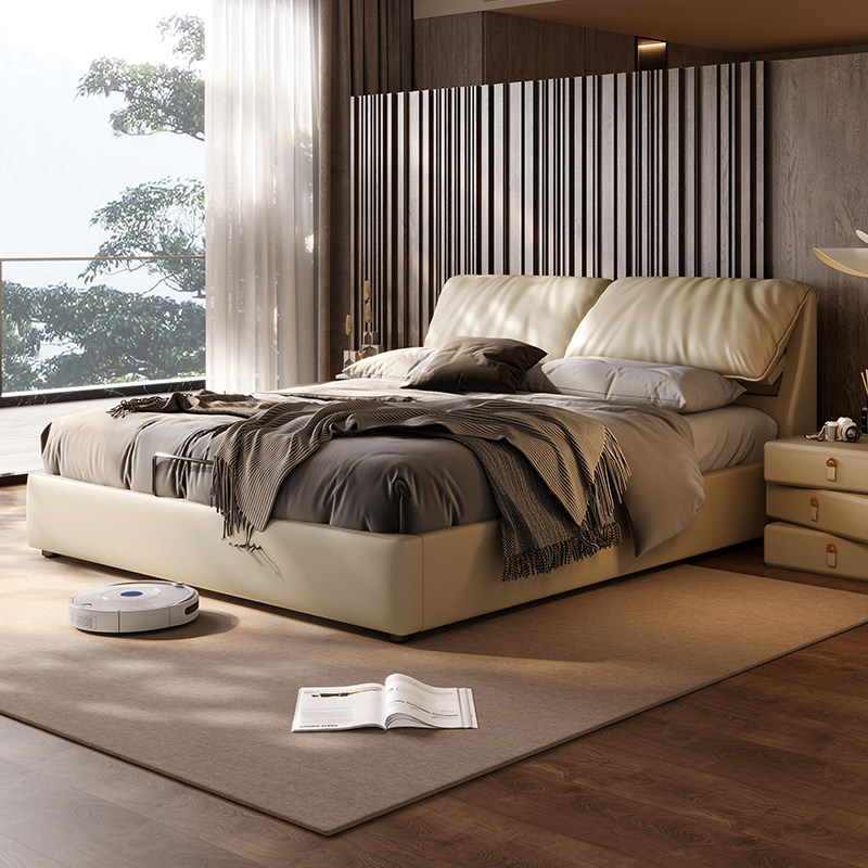 大象耳朵落地储物床头层牛皮轻奢真皮软包双人床1米8主卧大床