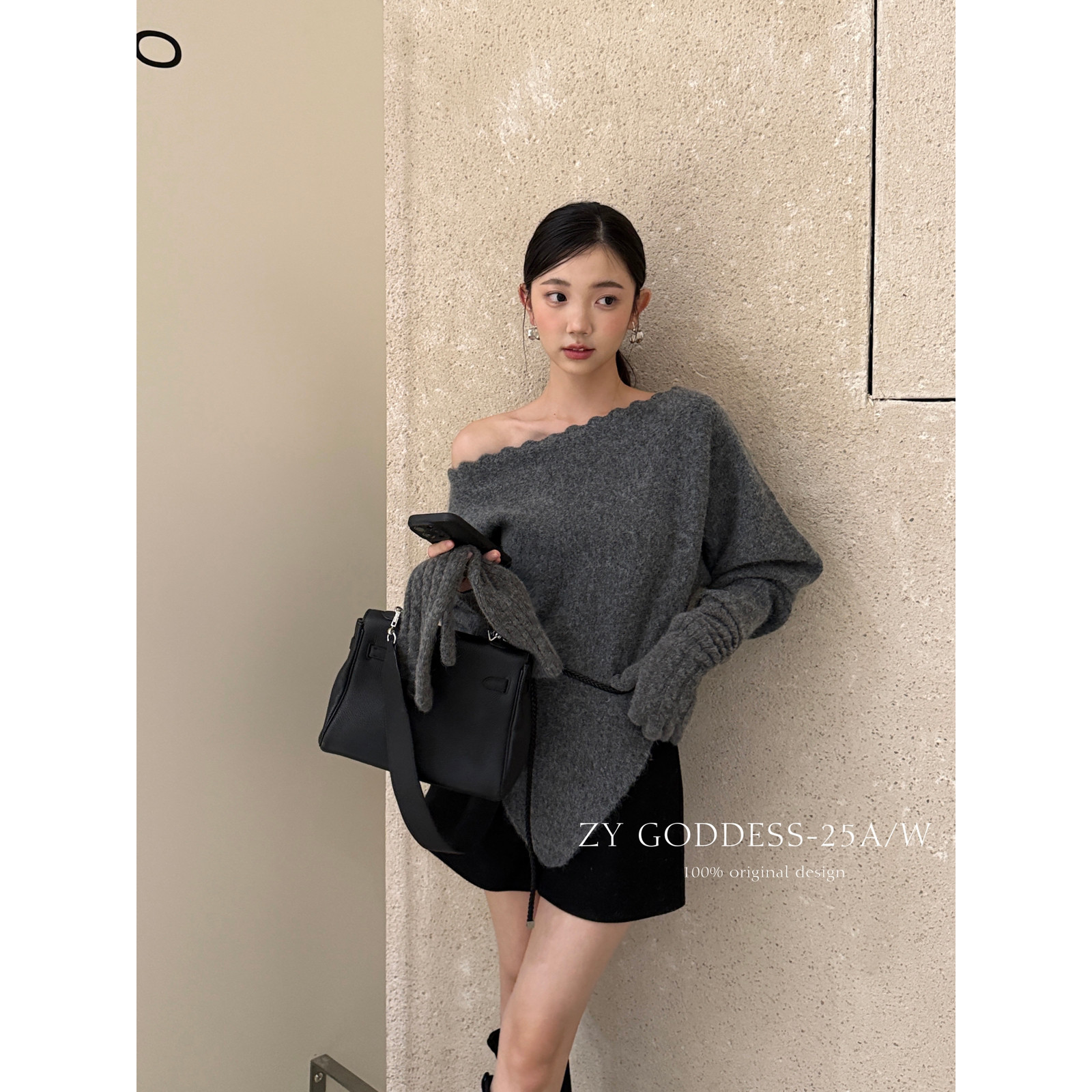 ZY GODDESS新款甜美女神范慵懒减龄花边一字领宽松遮肉不规则下摆