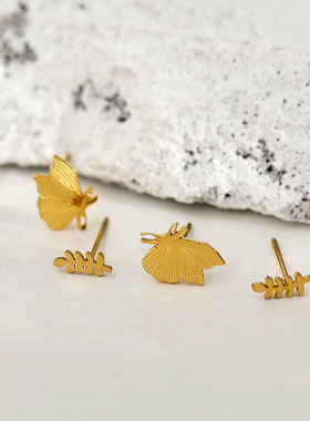 欧美风轻奢独特2对雕刻蝴蝶镂空叶子耳钉18K镀金耳骨钉花卉植物