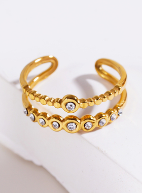 复古戒指18K镀金双环开口可调节