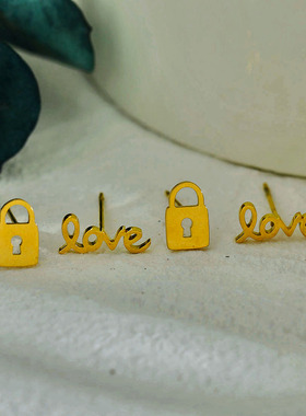 欧美风轻奢迷你镂空锁英文字母LOVE爱耳钉18K镀金独特耳洞