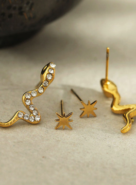 欧美风轻奢2对满钻锆石小蛇耳钉18K镀金情侣小熊小猪耳洞独特