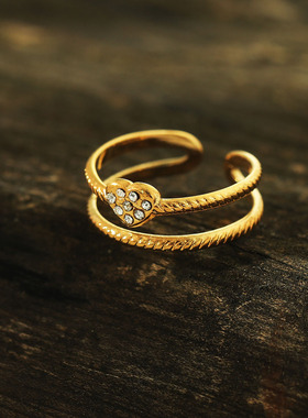 双环镶钻爱心戒指18K镀金欧美风