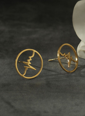 欧美轻奢情侣心电感应个性中性风耳钉18K镀金不过敏现货特色镀银