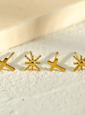 欧美轻奢情侣2对套罗马十字架星星太阳耳钉18K镀金数字欧美独特