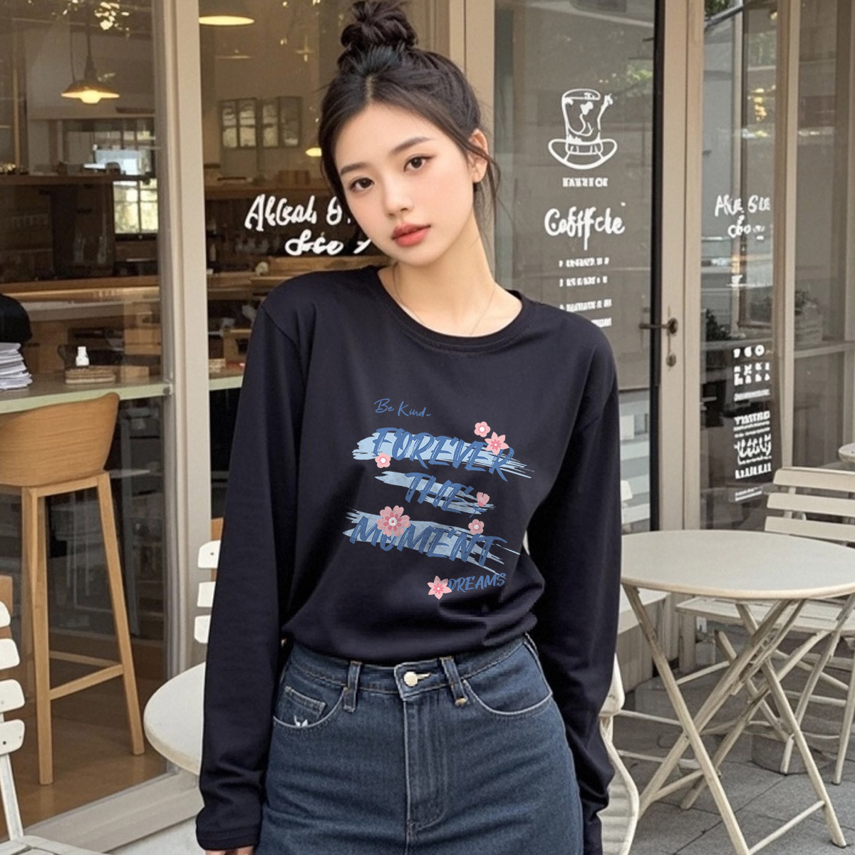 纯棉长袖t恤女秋季内搭外穿亲肤舒适合身正肩长袖上衣体恤打底衫X