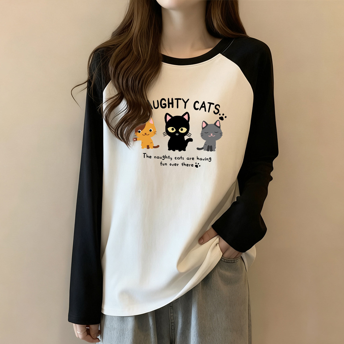 美式长袖t恤女春秋款撞色插肩袖纯棉合身休闲日常百搭打底上衣女X