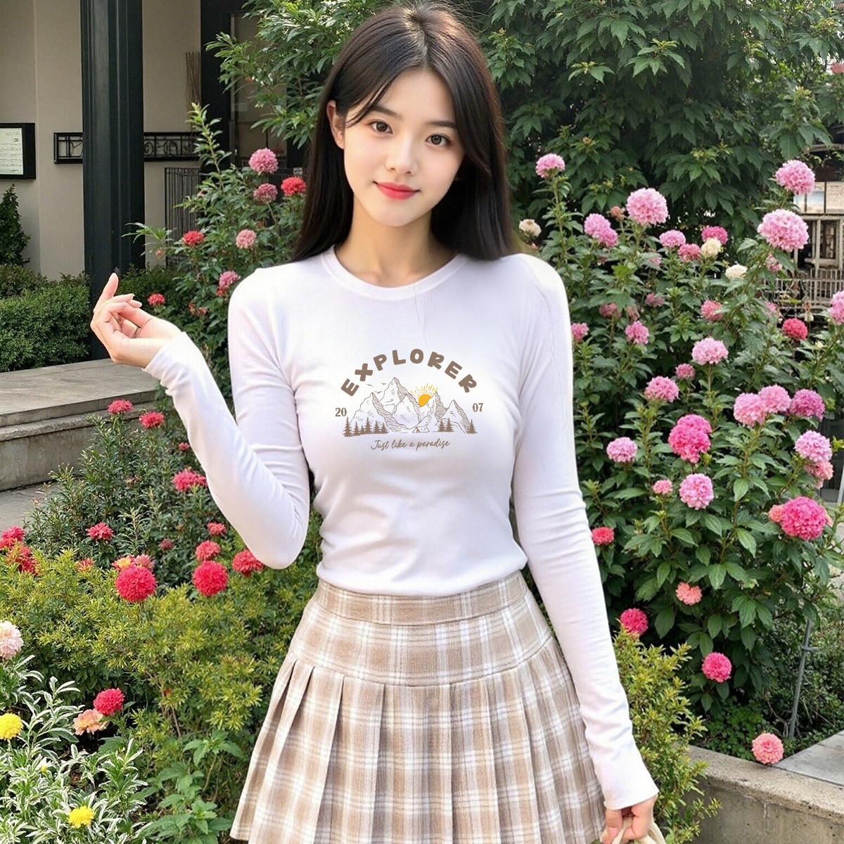 白色长袖t恤女春秋款穿搭纯棉合身正肩打底衫针织大码上衣体恤X