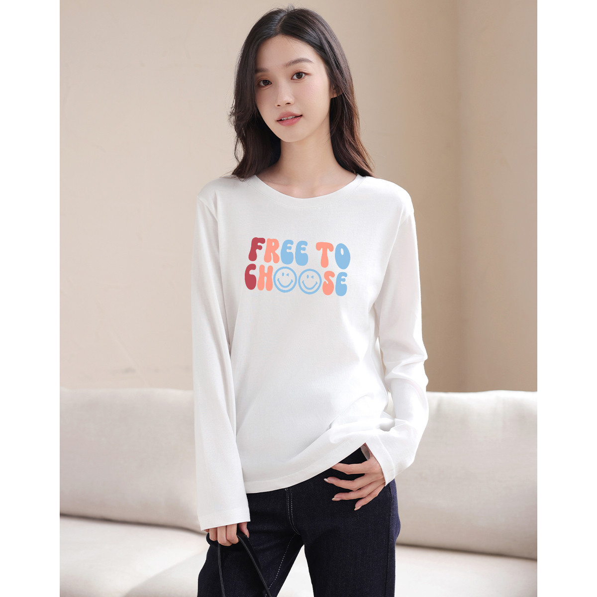 纯棉长袖t恤女秋季内搭外穿亲肤舒适合身正肩长袖上衣体恤打底衫X