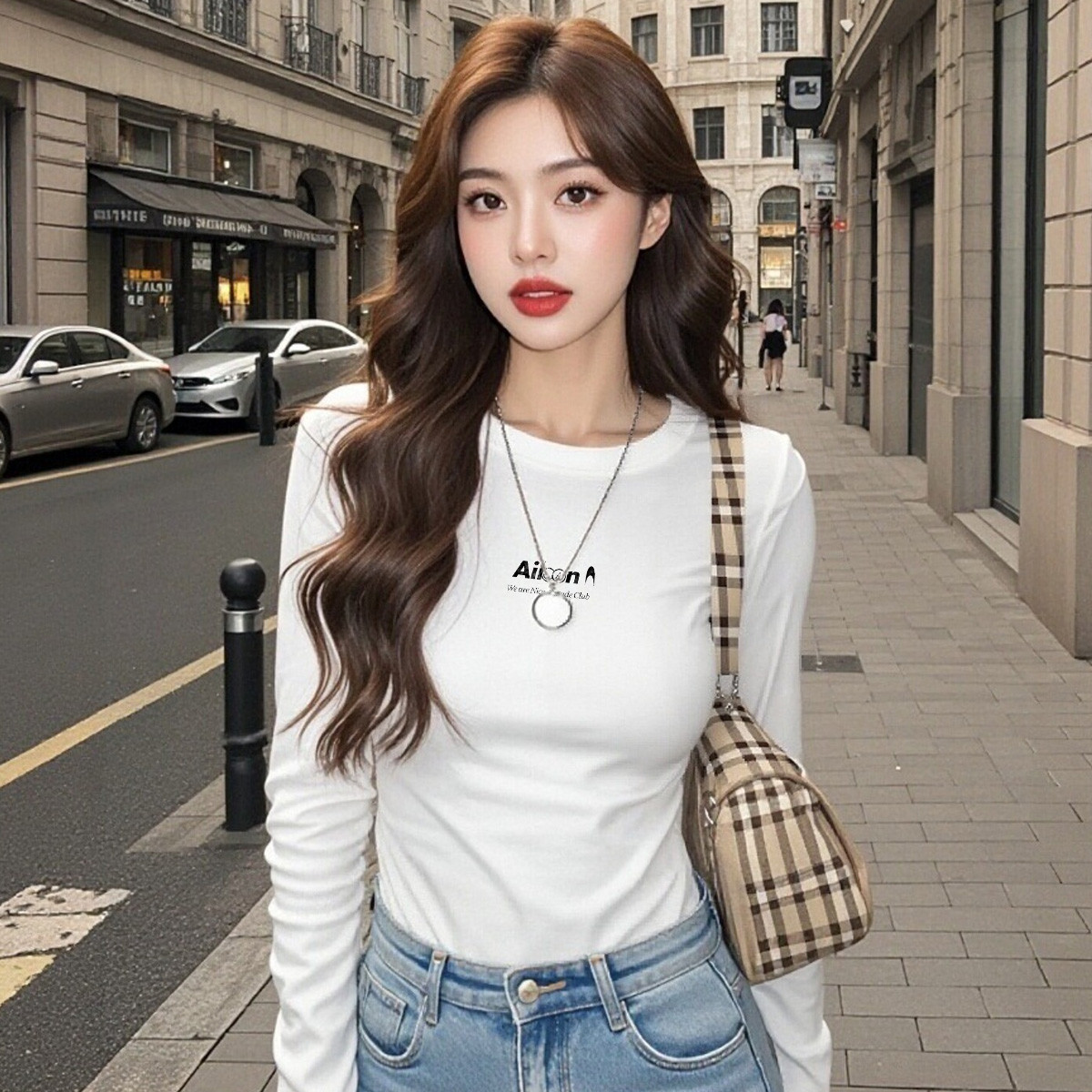 纯棉长袖t恤女秋季穿搭显瘦亲肤舒适合身正肩长袖上衣体恤打底衫X