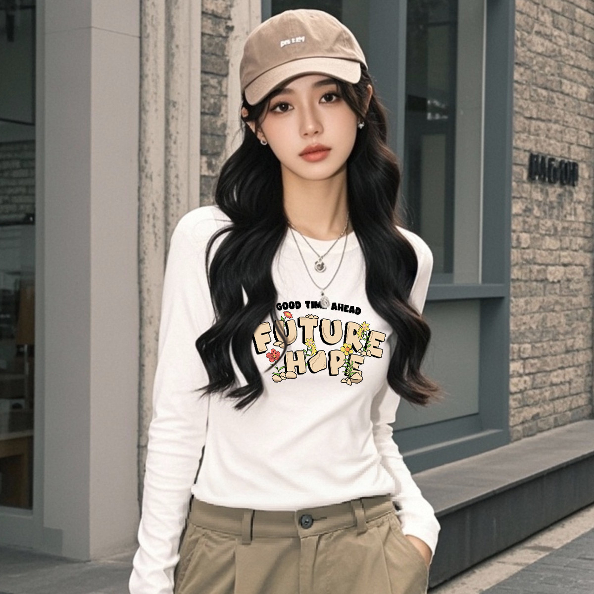 纯棉正肩长袖t恤女春秋季宽松内搭打底衫大码百搭体恤早秋上衣X