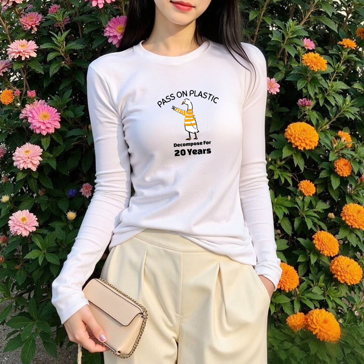 纯棉长袖t恤女秋季穿搭显瘦亲肤舒适合身正肩长袖上衣体恤打底衫X