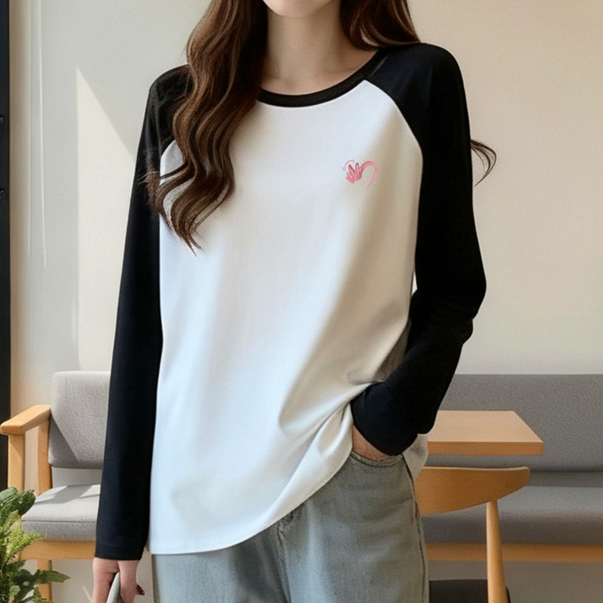 纯棉长袖t恤女款春秋季撞色插肩袖内搭打底衫合身日常休闲上衣X