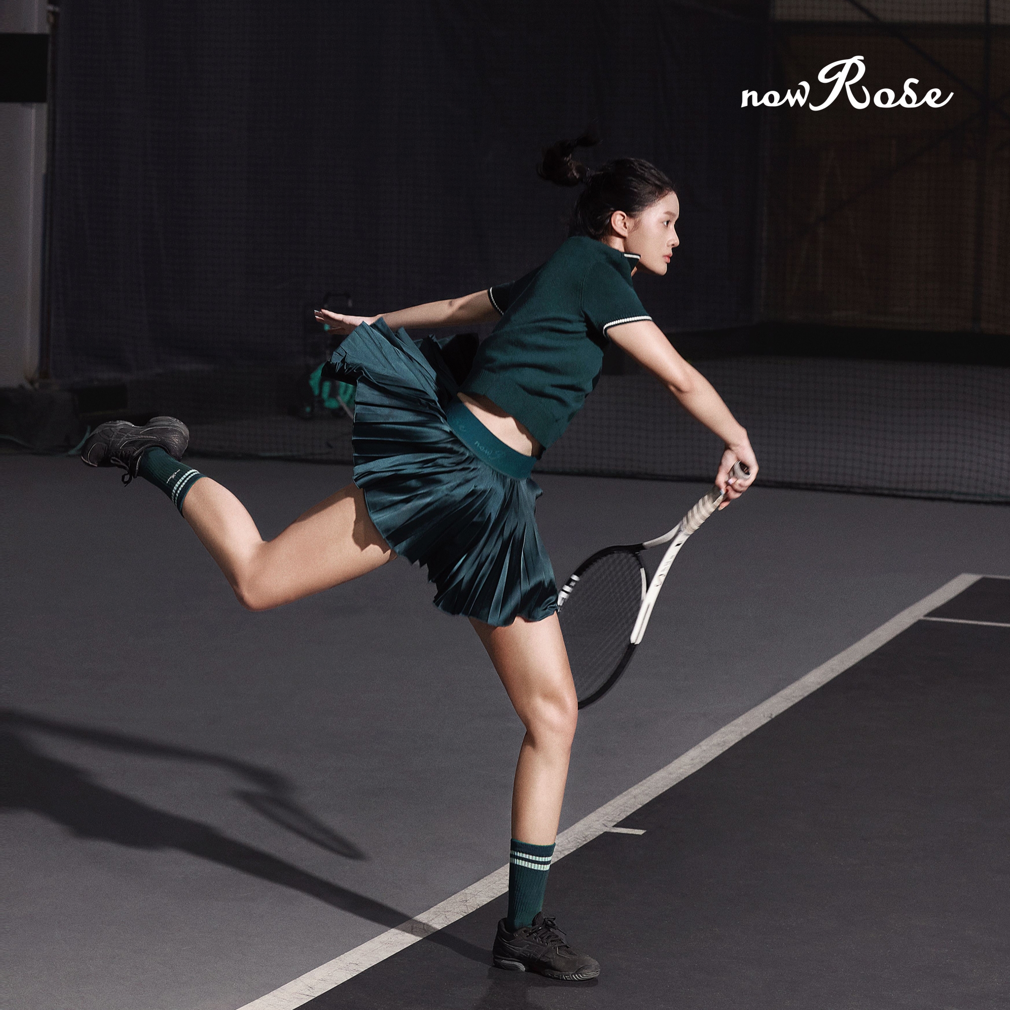 NowRose复古缎面网球百褶裙