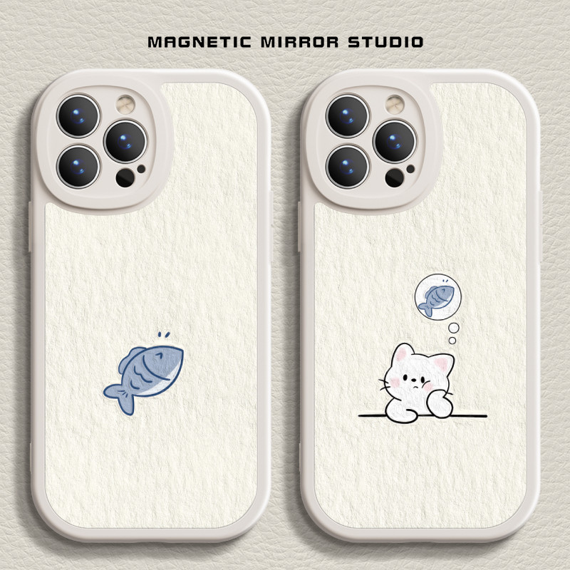 适用iPhone16promax手机壳苹果18新款13mini猫咪和鱼15pro液态8plus7p硅胶xr情侣xsmax软2男15plus女6e保护套