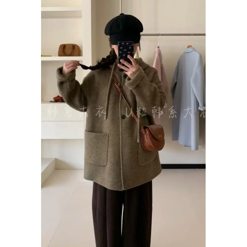 反季大促【慵懒绵绵】韩系休闲抽绳连帽单排扣极简风双面羊毛大衣