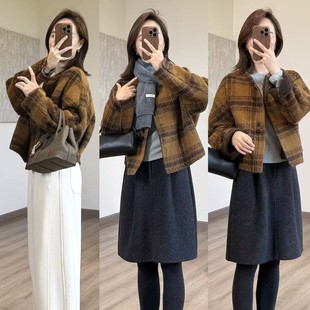 绝美格子苏力羊毛外套圆领短廓形手缝双面羊毛大衣
