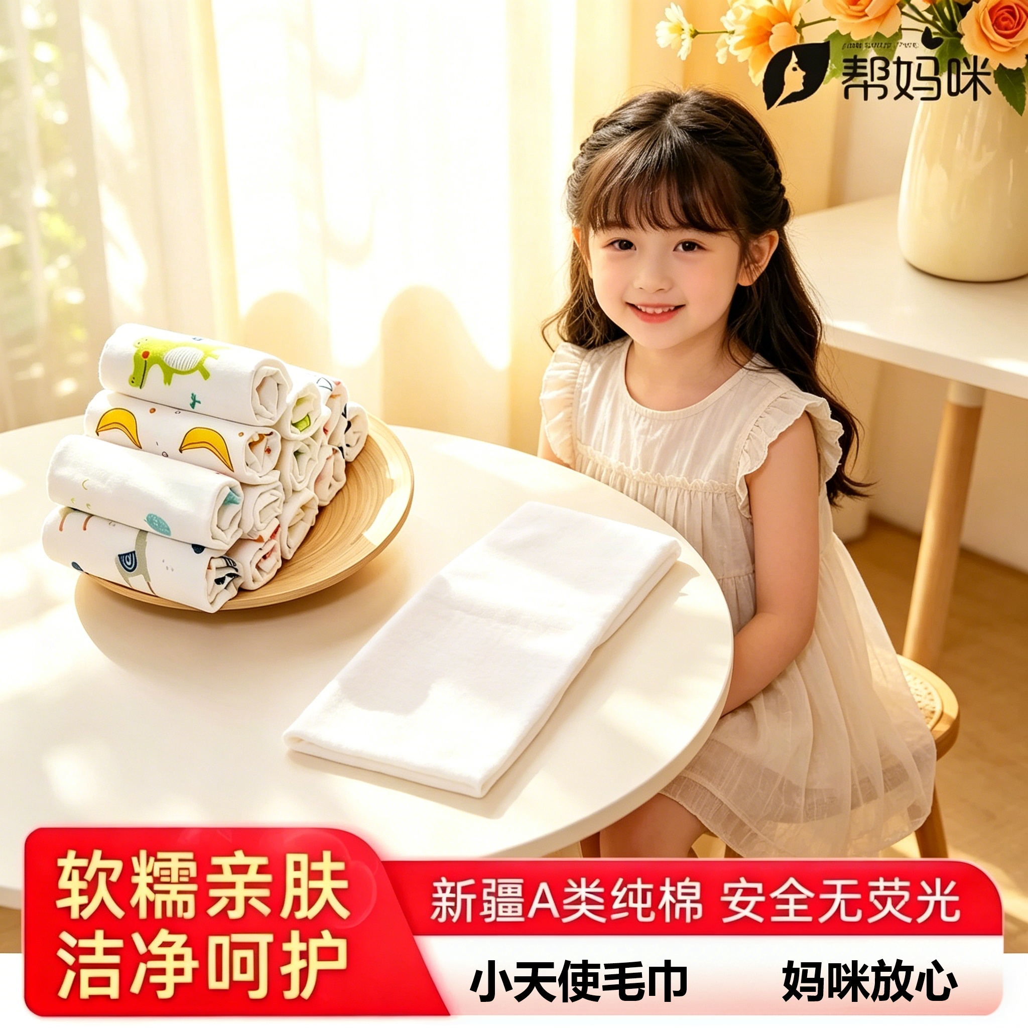 帮妈咪女生洗脸毛巾纯棉纱布女童儿童类新疆棉面巾方巾幼儿园母婴