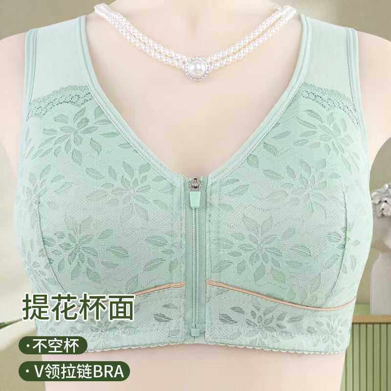 妈妈夏季薄前拉链内衣女文胸中老年妇女胸罩背心式无钢圈哺乳文胸