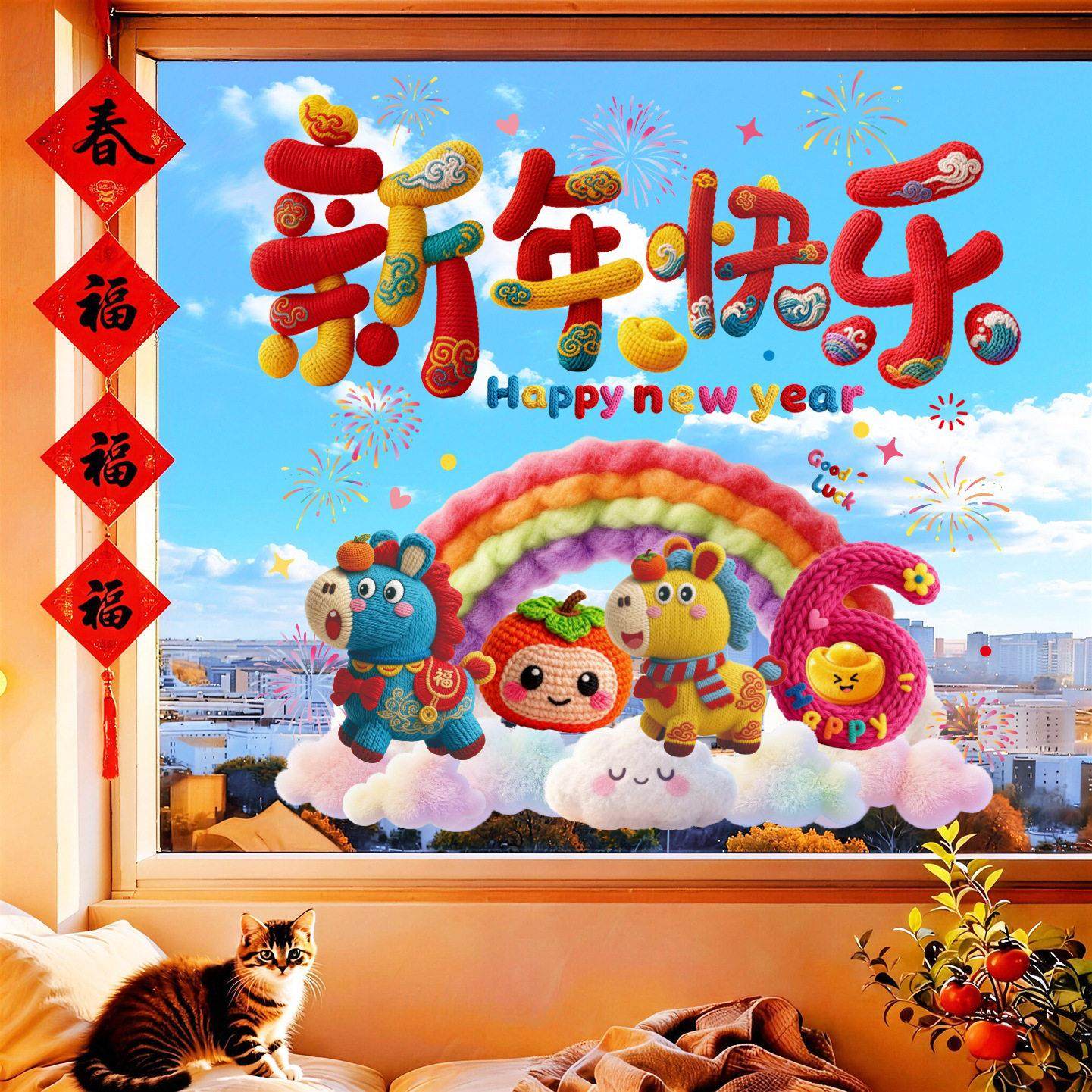马年窗花贴纸2026新年窗贴针织风玻璃贴过年布置装饰春节静电贴,节庆用品/礼品,喜字/剪纸/贴纸,淘宝优惠券,粉丝福利购,淘宝优惠卷