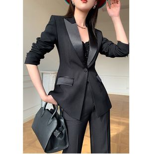 黑色拼接西服套装女时尚气质干练大牌高端正装气场强大西服两件套