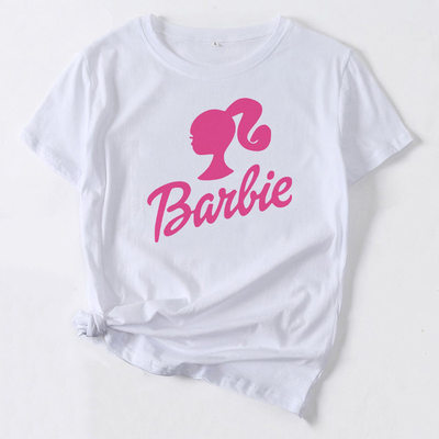 Barbie shrimp round neck printed white T-shirt short sleeved