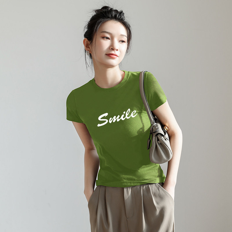 绿色圆领正肩短袖t恤女夏纯棉修身印花显瘦牛油果绿上衣2024新款