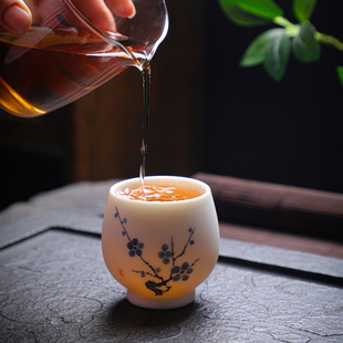 素烧羊脂玉主人杯单杯手绘五福梅花高档个人专用陶瓷水杯茶杯家用