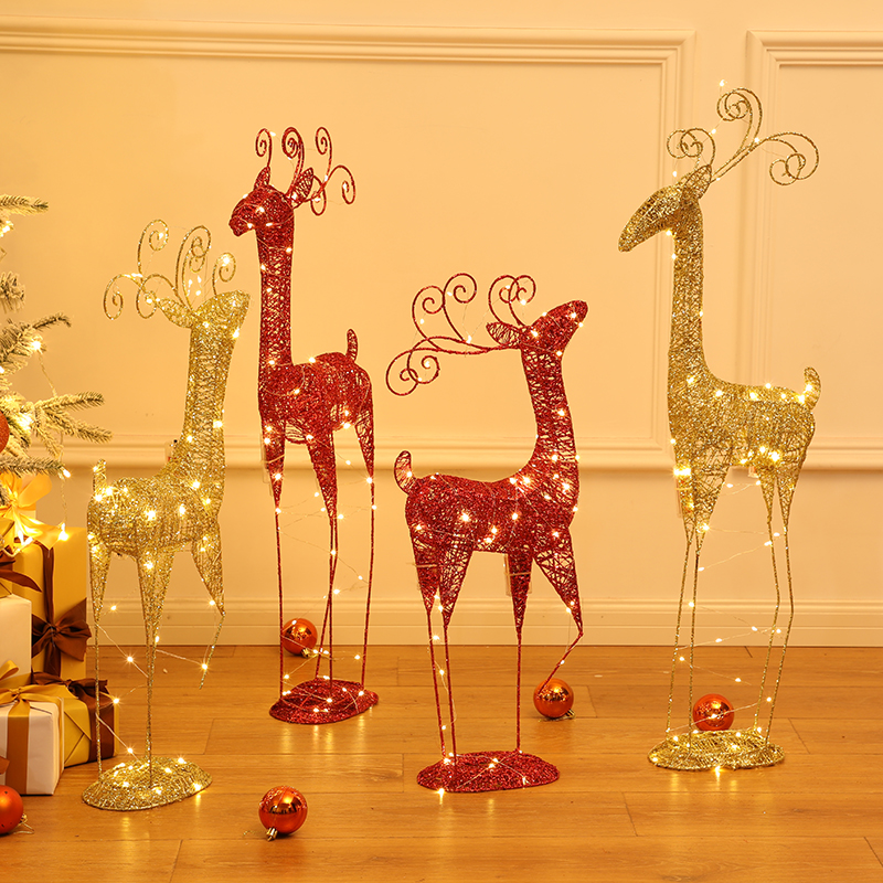 发光圣诞鹿铁艺对鹿麋鹿藤鹿摆件小鹿拉车节庆场景布置橱窗装饰品