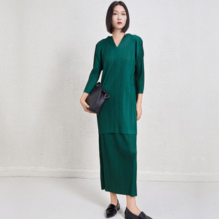 基础V领半身裙套装春秋PP新款九分袖宽松百搭中长上衣套装裙