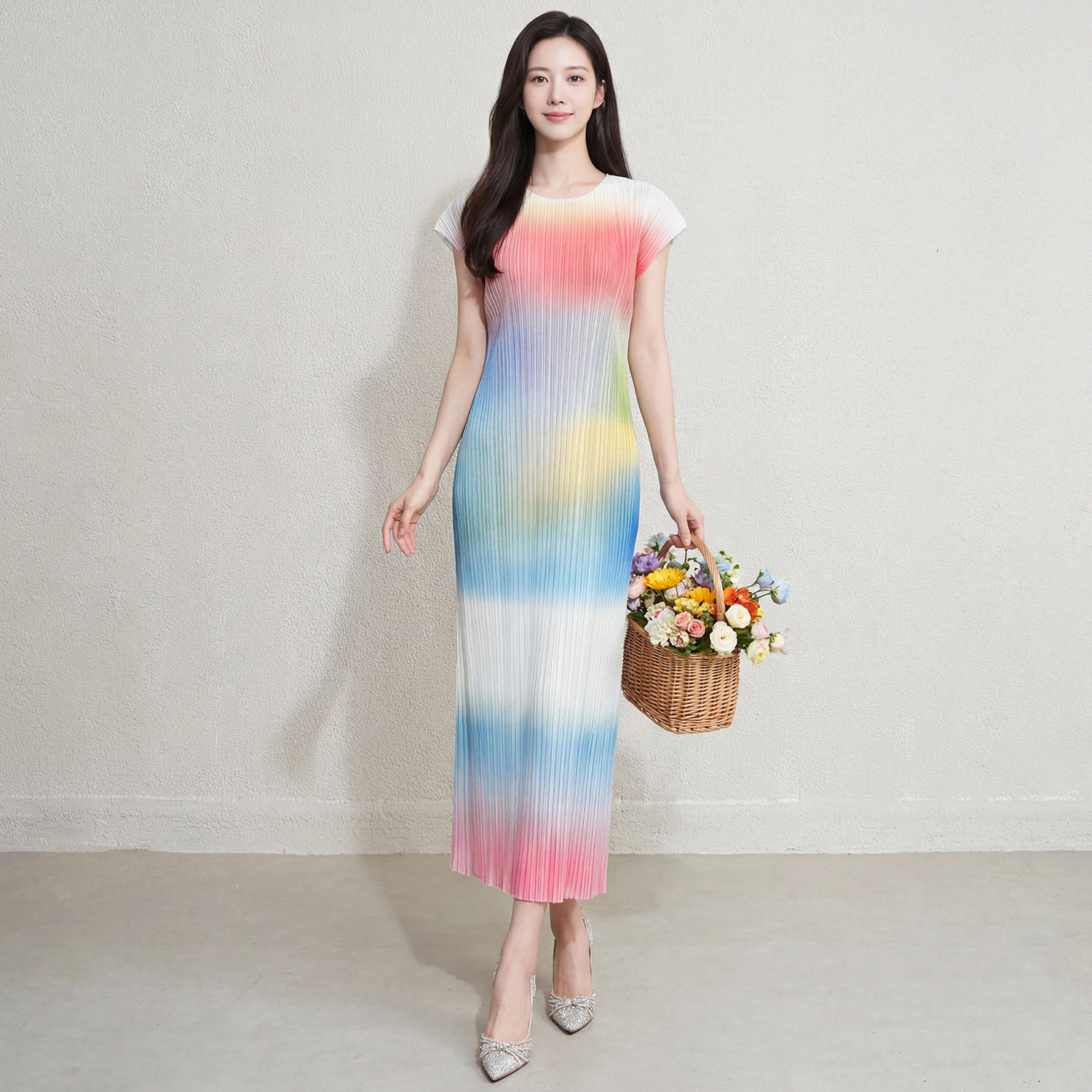 度假风彩虹渐变连衣裙女2026年夏季褶皱印花时尚宽松显瘦中长裙子