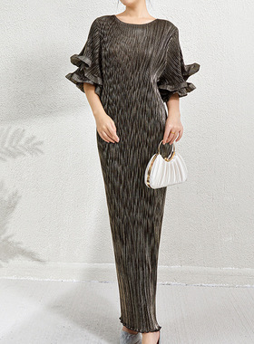 亚马逊欧美金属气质礼服设计感小众双层荷叶边袖褶皱修身连衣裙