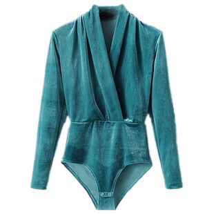 欧美风修身显瘦丝绒长袖T恤女秋冬季交叉V领连体衣褶皱收腰打底衫